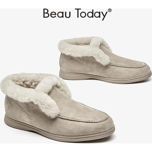 BeauToday Ankle Boots Women Cow Suede Leather Snow Boots Round Toe Warm Wool Slip-on Ladies Winter Fur Shoes Handmade 08203