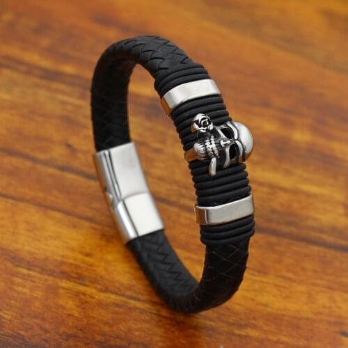 Men wristband 12MM Wide Retro Genuine Leather Bracelet Stainless steel Rose Skull Head Bead Bracelets with Magnet Clasp