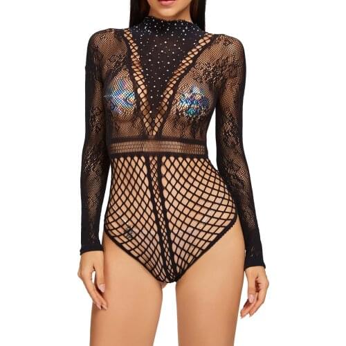 Black Hollow Out Fishnet Rhinestone Decor Bodysuit Nightwear See-through Mesh Long Sleeve Leotard Underwear for Women