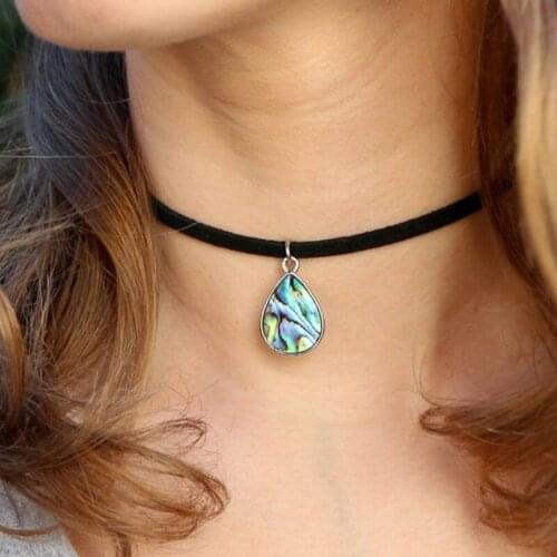Abalone shell choker, Black boho choker, Abalone shell pendant, Paua Shell necklace, Vegan suede choker