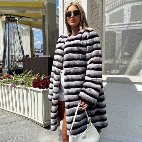 90cm Long Real Rex Rabbit Fur Coat Women 2021 Winter New Chinchilla Color Genuine Rex Rabbit Fur Down Coat O-neck Fur Overcoats