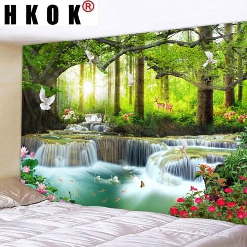 HKOK Waterfall Forest Natural Landscape Tapestry Wall Hanging Wall Covering Rugs Background Cloth Beach Mat Blanket Art Home Dec