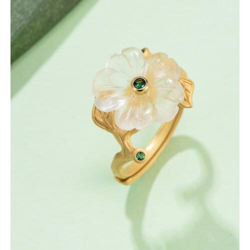 S925 Sterling Silver Peach Blossom Crystal Ring Open Ring Natural Hetian Jade White Jade Flower Ring Sweet Accessory