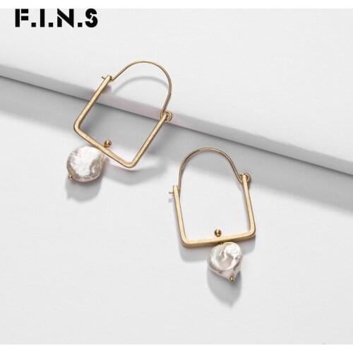 F.I.N.S Korean Fashion Jewelry Gold Silver Color Square Drop Earring with Freshwater Pearl Pendant Dangle Earrings for Women