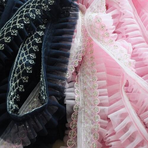 1meters/pack 6cm Mesh Lace Trim Pink/Navy Blue Beads and Sequins Pleats Lace Material Diy Materials Diy Sewing Accessories X641