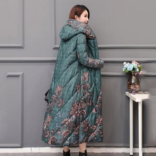 Chinese Style X-long Womens Winter Jacket Floral Printing Thick Overcoat Female Hooded Loose Covered Button Cotton Parkas Woman
