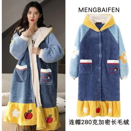 Fashionable Nightgown flannel hooded long autumn / winter plush coral pajamas Hotel wind bathrobe