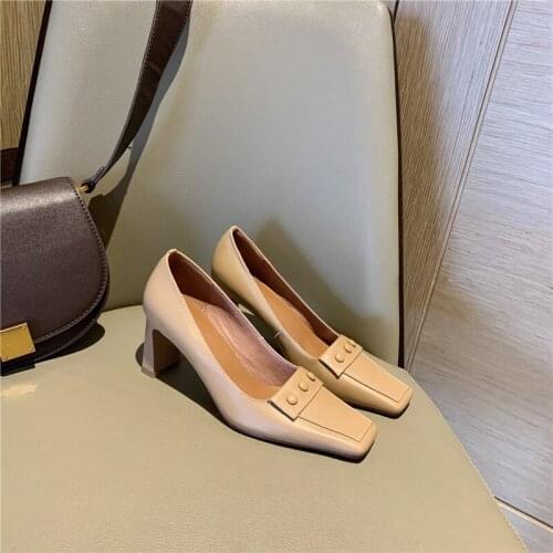Osunlina 2021 New Womans Pumps Square Toe Heels Button Decoration Elegant Genuine Leather Handmade Shallow Office Lady Shoes