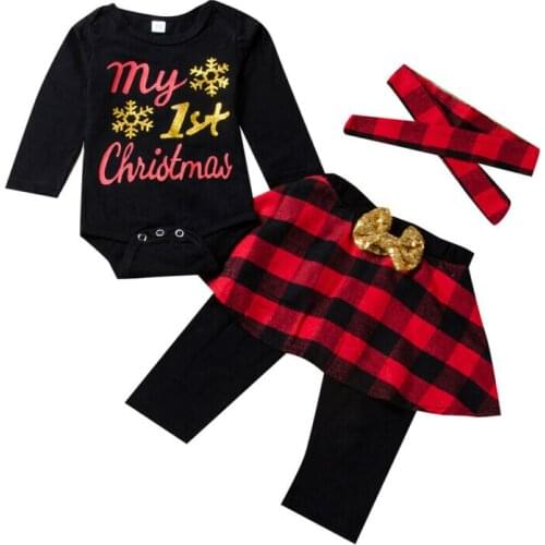 Newborn Infant Baby Girl My 1st Christmas Clothes Set Letter Print Long Sleeve Tops Romper Plaid Pants Outfit Toddler Suit
