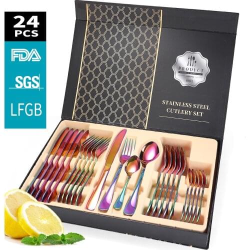 Stainless Steel Luxury Tableware Gift Box Dishwasher Safe Cutlery Set 24pcs Knife Fork Spoon Gold Dinnerware Set Food Grade LHY