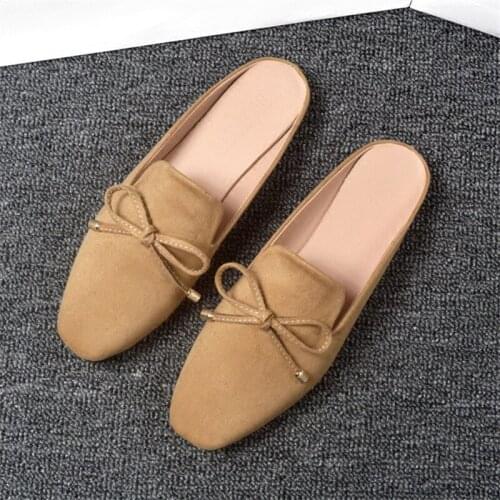 Ladies Summer Suede Designer Slides Fashion Low Heel Lazy Slippers Womens Mules Shoes Female Bow Black Brand Flip Flops Big 43