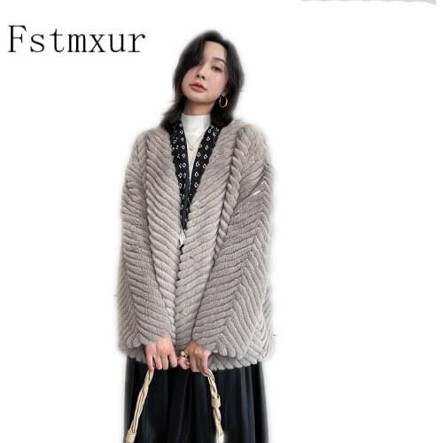 Fstmxur 2021 New Update Autumn And Winter Copenhagen Imports Womens Full Sleeve V-Neck Natural Soft Striped Short Mink Fur Coats