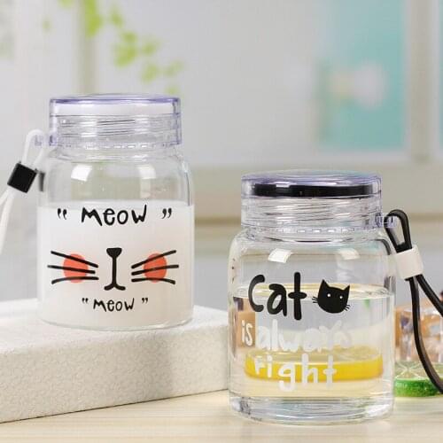350ml Cartoon Cat Glass Water Bottle Thick Heat Resistance Drinking Bottles Cute Milk Coffee Tumblers for Student Girl Gift