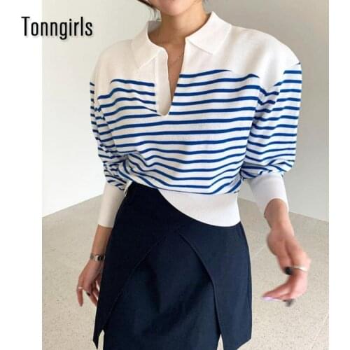 Tonngirls 2021 Panelled Striped Turn-down Collar Knitted Pullover Chic Korean All-match Sweater Puff Sleeve Simple Tops Women