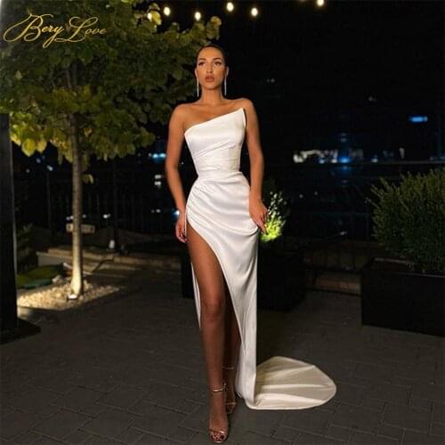 Berylove White Elegant Strapless Evening Dresses Mermaid Side Slit Satin Prom Dresses Special Wrap Evening Gown Party Dresses