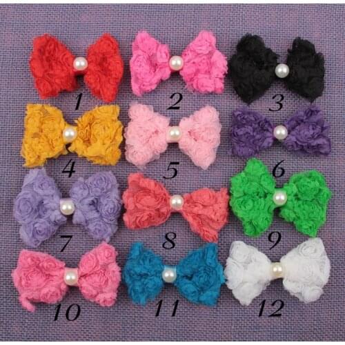 Yundfly 3.2" 100pcs Lace Chiffon Rose Hair Bows with Faux Pearl for Girls Women DIY Headwear Hair Accessories