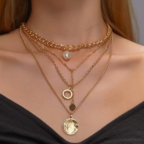 Women Fashion Imitation Pearls Sequins Star Moon Pendanr Necklace for Women Multilayer Gold Choker Necklace Jewelry Gifts