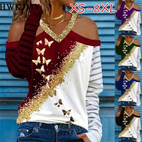 Womens Fashion Clothes Casual V-neck Long Sleeve Tops Ladies Printing Tees Loose T-shirt Plus Size 8XL Cotton Shirts