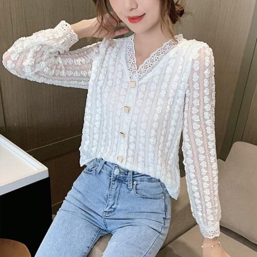 2021 Korean Office Lace Blouse Love Shape V-neck Hollow Stitch Women Tops Sweet Long Sleeve Autumn Spring Clothes Chic Button