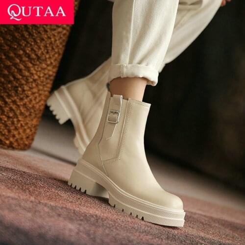 QUTAA 2022 Ankle Boots Autumn Winter Round Toe All Match Short Boots Cow Leather Square High Heel Concise Women Shoes Size 34-39