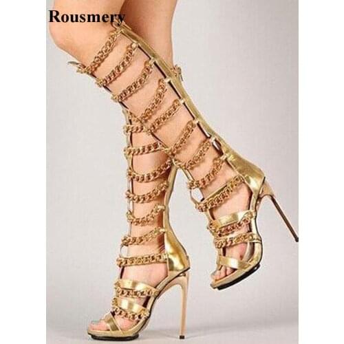 New Fashion Women Open Toe Knee High Chain Design Gladiator Boots Gold Black Silver Stiletto High Heel Sandal Boots Dress Shoes