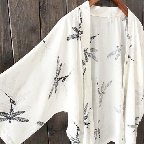 Ladies Cardigan Japanese Kimono Open Front Summer Dragonfly Print Chiffon Blouse