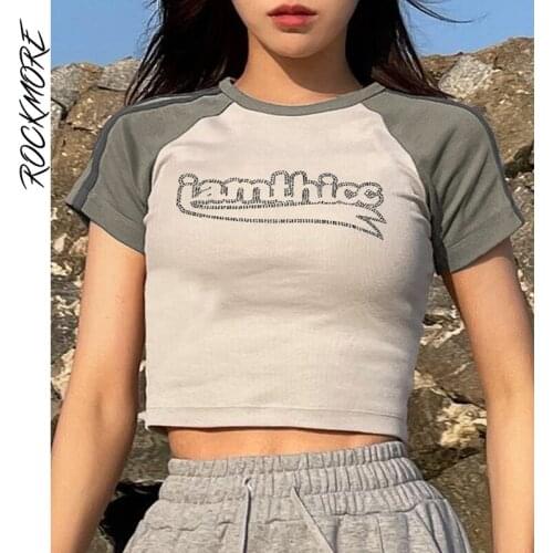 Rockmore Patchwork Crop Top Letter Print Short Sleeve T Shirt Women Casual O Neck Tee Tops Summer Streetwear T-Shirt Korean