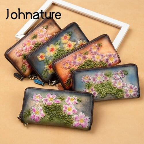 Johnature Genuine Leather Wallet Women 2020 New Retro Embossed Zipper Long Large Clutch Wallets First Layer Cowhide Phone Purse