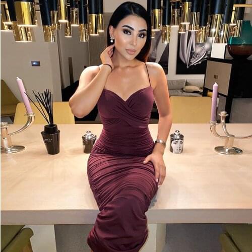 Women Summer Cocktail Dress Solid Color Spaghetti Strap V-Neck Pleated Tight Skirt for Ladies Wine Red Sexy Dresses For Women