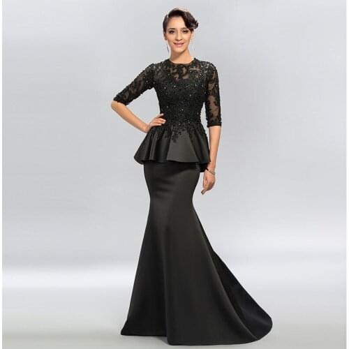 Tanpell Black Evening DressTrumpet Jewel Appliques Half Sleeves Women Floor Length Proom Party Long Mermaid Evening Gowns