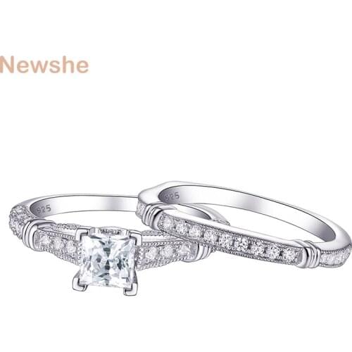 Newshe Vintage 1Ct White Princess Cut AAA CZ 925 Sterling Silver Wedding Ring Engagement Band Bridal Jewelry For Women 1R0029