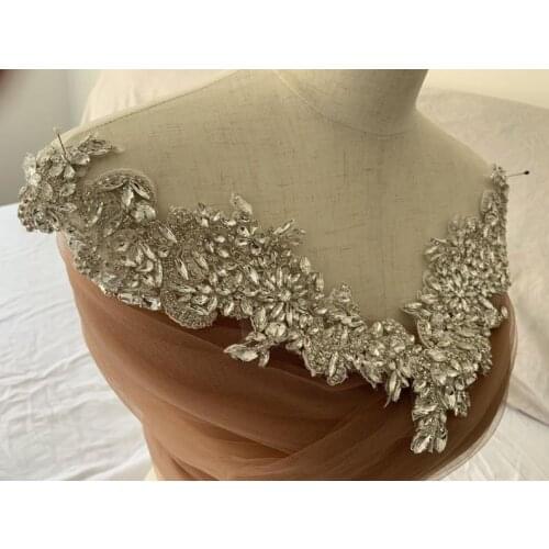 2020 Deluxe Bridal PINK Rhinestones Applique,High Quanlty Bead Glass with Vintage Design,Haute Couture Wedding Collar By PIECE