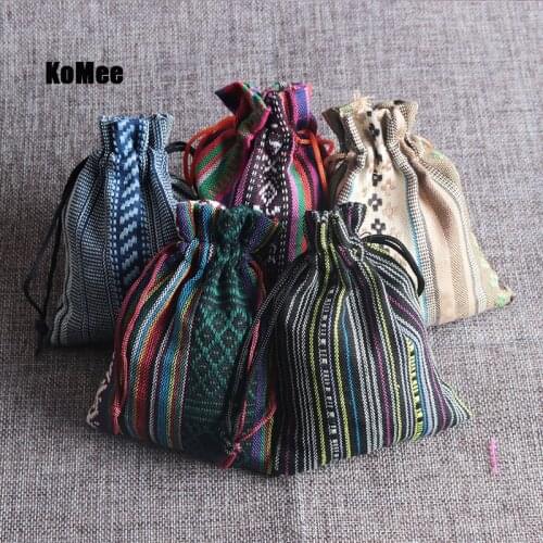 New style 50Pcs Multi Colors Stripe Tribal Tribe Drawstring Jewelry Gift Bags Cotton Cloth Chinese Ethnic Style 9x13cm