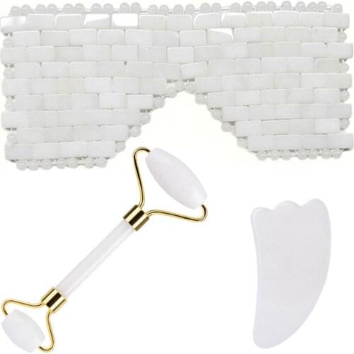 White Crystal Jade Sleep Eye Mask Face Massage Roller Guasha Board Scraper Set Natural Stone Cold Therapy Eye Massage Mask Tool