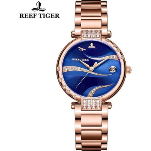 Reef Tiger/ RT Luxury Fashion Calendar Women Watches Blue Dial Rose Gold Stainless Steel Bracelet Automatic Mechanical Watches