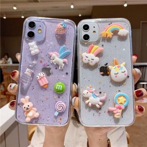 Tfshining Cute Cartoon 3D Crystal Unicorn Rainbow Phone Case for iPhone 12 11 X XS Pro MAX Xr 7 8 Plus SE 2020 Soft Epoxy Cover