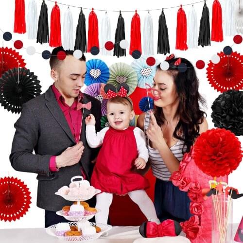 Baby Shower Graduation Ceremony Party Decoration Set Red White Black Tissue Paper PomPoms Flowers Hollow Fans Tassel Garland