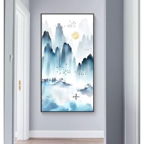 Mountain Boat Lake Landscape Poster Chinese Style Canvas Wall Art Print Painting Minimalist Decoration Picture Modern Home Decor