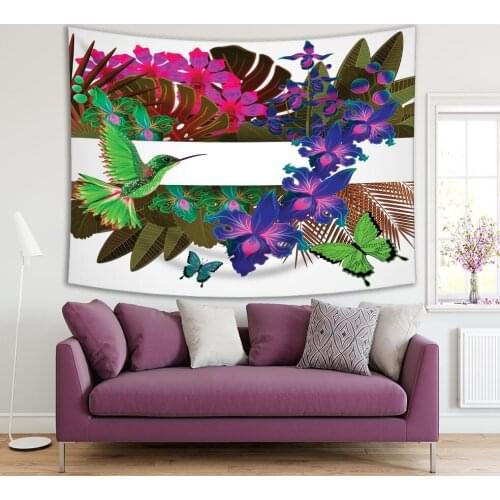 Tapestry Tropical Orchid Flowers Leaves Birds and Butterflies Exotic Nature in Bright Colors Fuchsia Green Blue