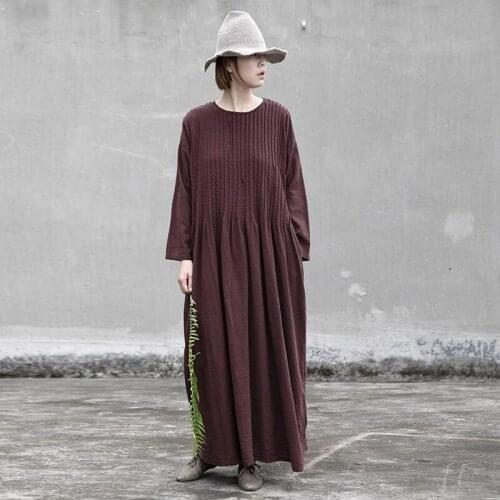Johnature New Retro Fashion Pockets O-neck Solid Color Dress 2021 Autumn Loose Comfortable Long Sleeve Women Dresses