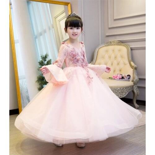 KICCOLY New Elegant Girl Pink Flare Sleeve Dress Child First Communion Dress Baby Girl Formal Wedding Dress Flower Girl Gown