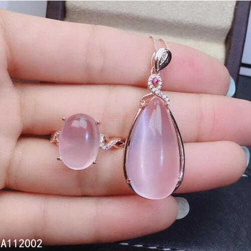 KJJEAXCMY fine jewelry natural Rose Quartz 925 sterling silver women pendant necklace ring set support test lovely hot selling