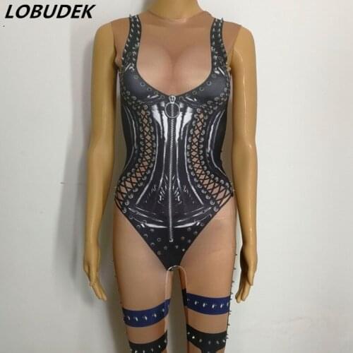 Sexy Elastic Leotard Jumpsuit 3D Printing Rivet Sleeveless Bodysuit Women Dance Team Jazz Dance Costume Nightclub Stage Outfits