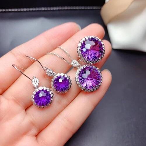 2020 fashion purple amethyst ring earrings and necklace jewelry set women fine jewelry round gem real 925 silver birthday gift