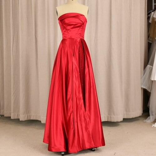 Red Strapless Soft Satin Evening Party Dress Pleats Pearls Tulle Lace Up Cocktail Prom Wedding Guest Gown Floor Length 8107