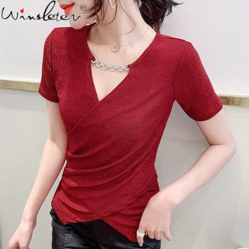 Summer European Style T-Shirt Fashion Solid Diamonds Chian Irregularity Women Tops Short Sleeve Bottoming Shirt Tees New T14311A