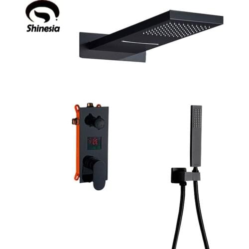 Shinesia Chrome Waterfall Bathroom Shower Faucet Hand Shower Temperature Digital Display Screen Cold and Hot Water Mixer