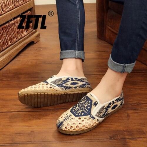 ZFTL Men net shoes summer Chinese traditional ethnic hand-knitted shoes Lightweight and wear resistant slip-on men loafers 0111