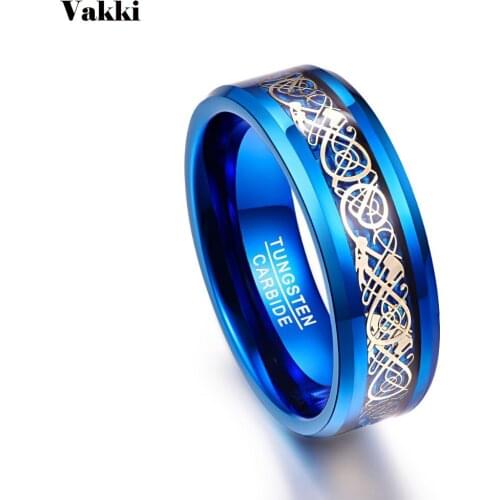 VAKKI Mens 8mm Blue Tungsten Carbide Wedding Band Rings Gold Celtic Dragon Blue Carbon Fiber Beveled Edge