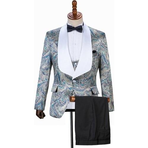 Mens Suit 3 Pieces Lapel Collar Embroidery Color Block Collar One Button Male Suit Business Suit Boutique Slim For Wedding Suit